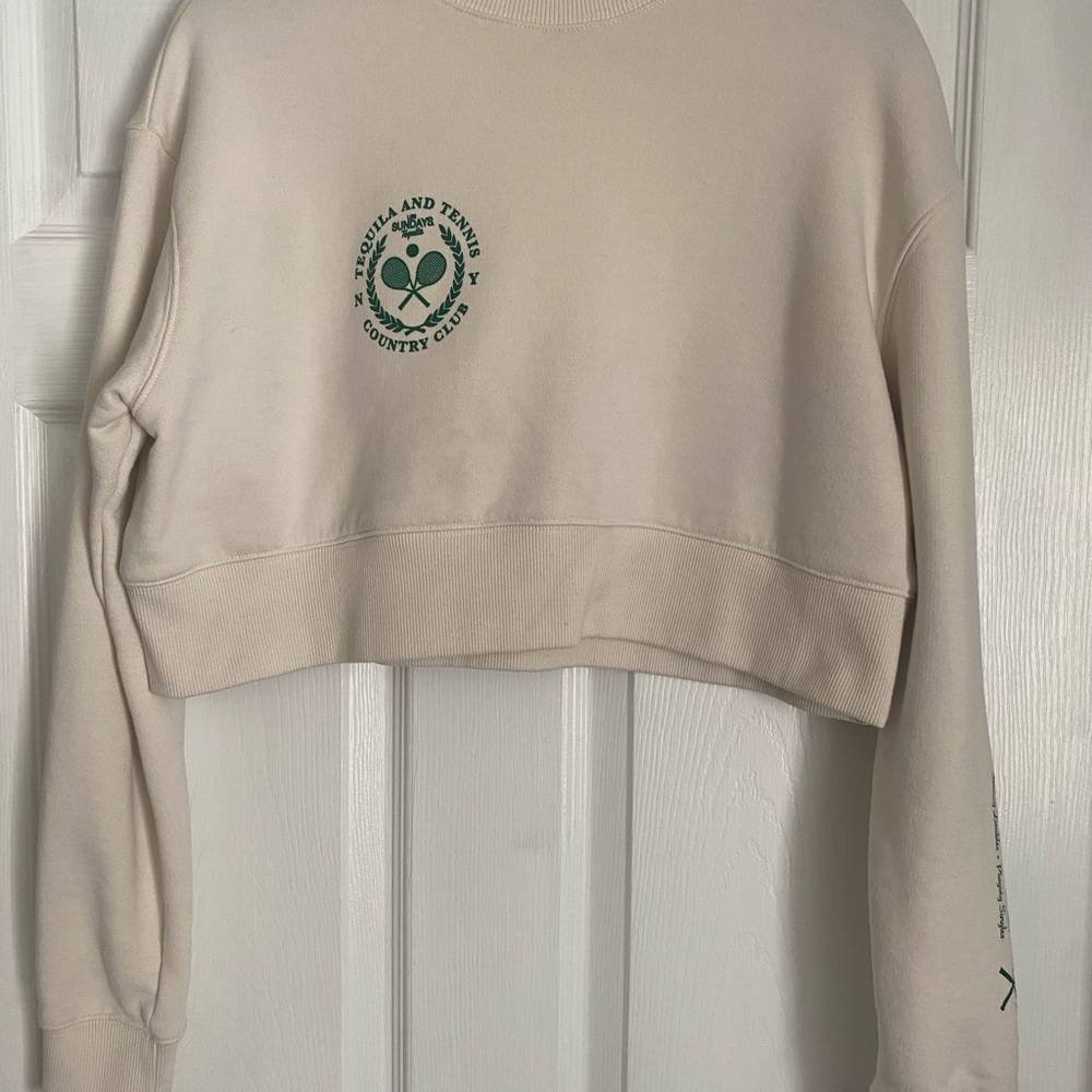 Sundays Cream Cropped Sweatshirt with Green Emblem
